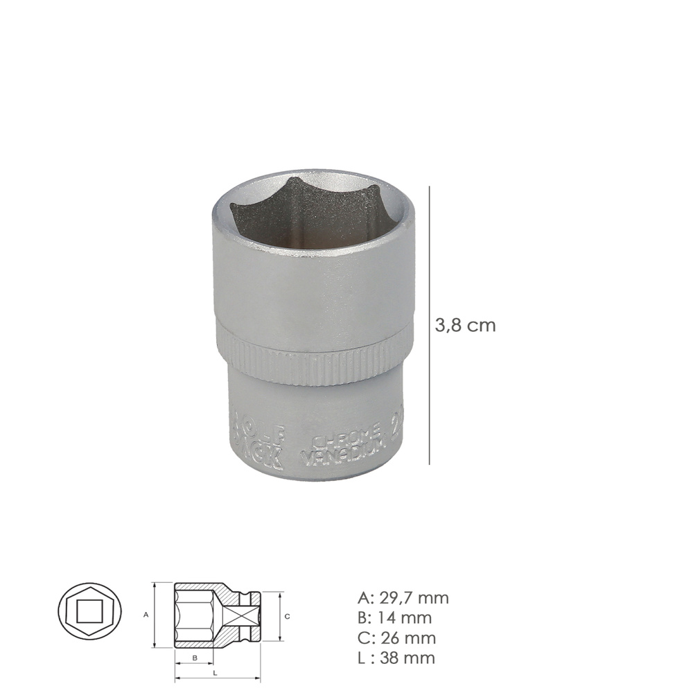 Llave Vaso 1/2" Hexagonal 22 mm. Perfil de 6 caras. Acero Cromo Vanadio, Aristas Redondas - Imagen 2