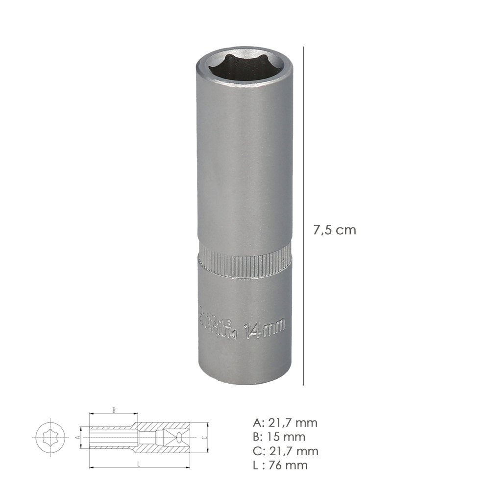Llave Vaso 1/2" Hexagonal Larga 14 mm. Perfil de 6 caras. Acero Cromo Vanadio, Aristas Redondas - Imagen 2