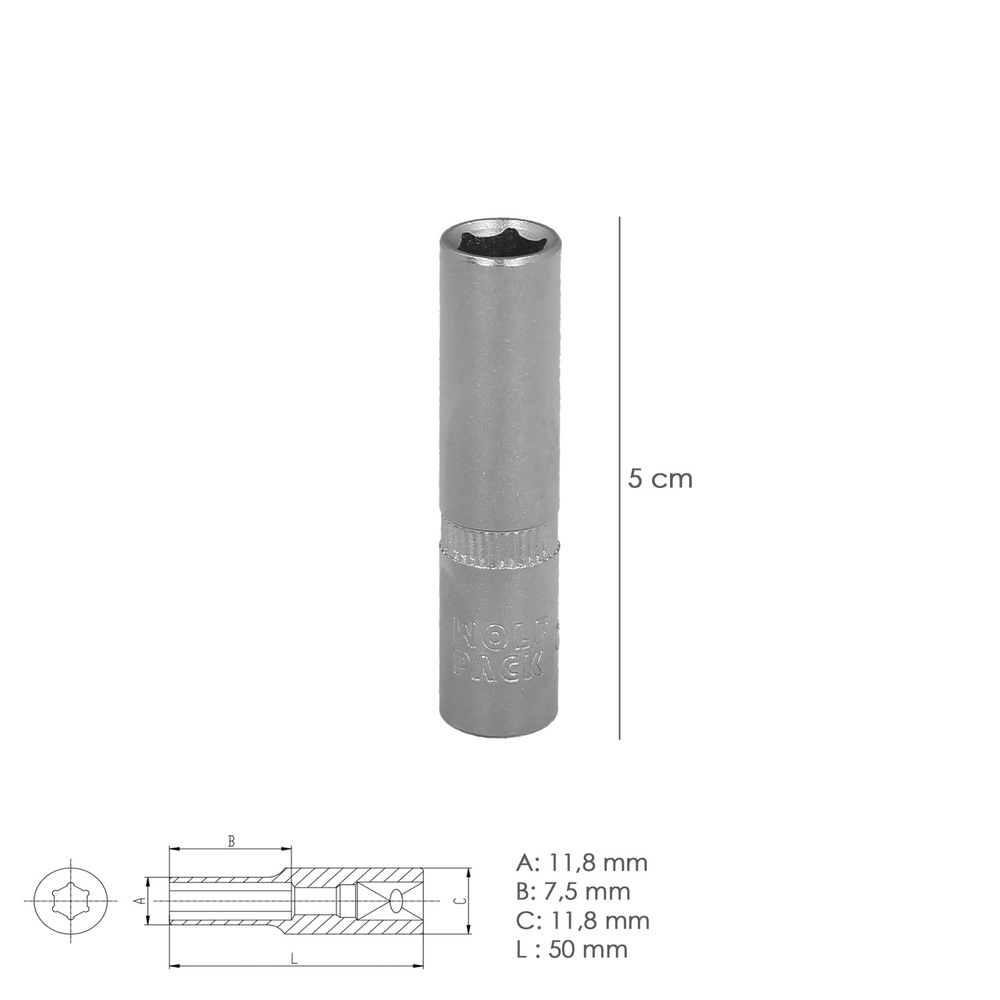Llave Vaso 1/4" Hexagonal Larga 8 mm. Perfil de 6 caras. Acero Cromo Vanadio, Aristas Redondas - Imagen 2