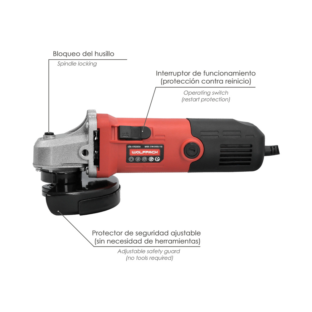 Amoladora 500 Watt. Ø 115 mm. 12.000 R.P.M. Eje M14 Protector Disco Ajustable, Anti arranque - Imagen 3