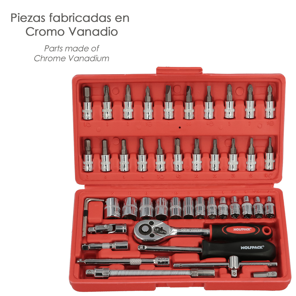 Juego Llaves De Vaso y Puntas 1/4" 46 Piezas. Con Apadtador. Cromo Vanadio, Kit Llave Combinada, Kit Carraca, Juego Llaves Vaso - Imagen 2
