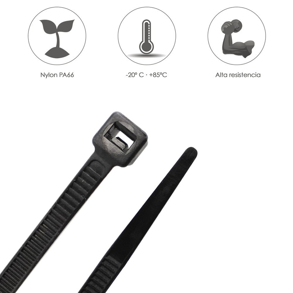 Brida Nylon 100%. Color Negro 7,5 x 450 mm. Bolsa 100 unidades. Abrazadera Plastico, Organizador Cables, Alta Resistencia - Imagen 4