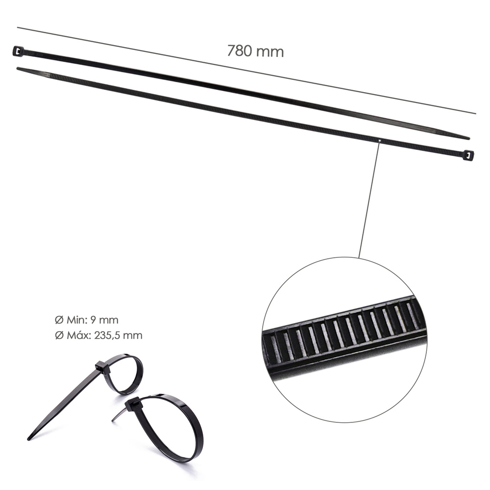 Brida Nylon 100%. Color Negro 9,0 x 780 mm. Bolsa 100 unidades. Abrazadera Plastico, Organizador Cables, Alta Resistencia - Imagen 2