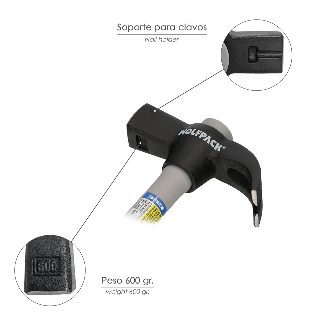 Martillo Uña Mango Fibra Vidrio Mango Fibra Vidrio Con Empuñadura Antideslizante. 600 Gramos 33 cm. - Imagen 4
