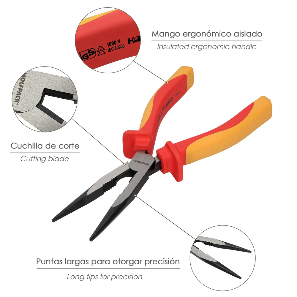 Alicates Boca Recta 200 mm. Mangos Aislados Acero Cromo Vanadio Pelacables, Corta Cables, Pelador Cables - Imagen 3