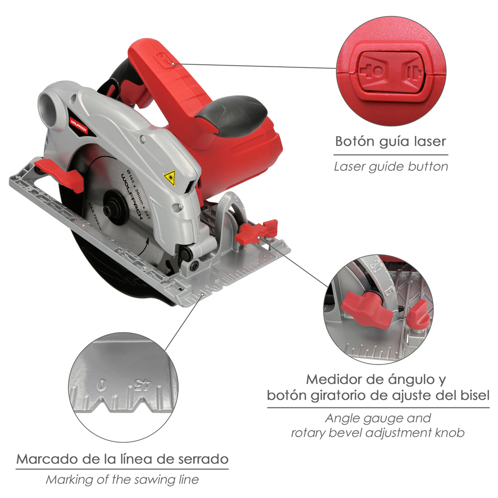 Sierra Circular 1300 Watt. Con Laser Disco 185 mm. 4.700 RPM Corte Inglete Regulador de Profundidad. Ingletadora, Sierra Madera - Imagen 3