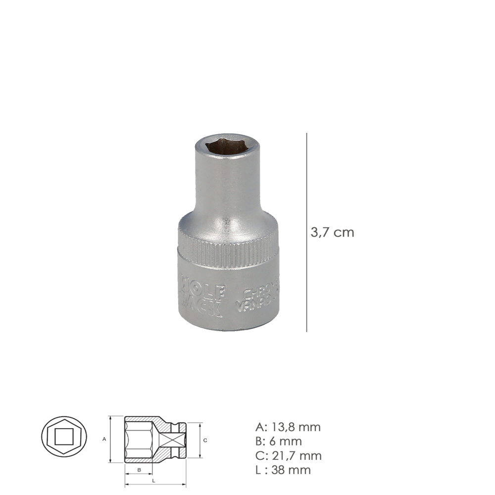 Llave Vaso 1/2" Hexagonal 8 mm. Perfil de 6 caras. Acero Cromo Vanadio, Aristas Redondas - Imagen 2