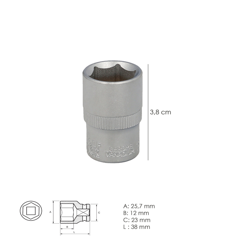 Llave Vaso 1/2" Hexagonal 19 mm. Perfil de 6 caras. Acero Cromo Vanadio, Aristas Redondas - Imagen 2