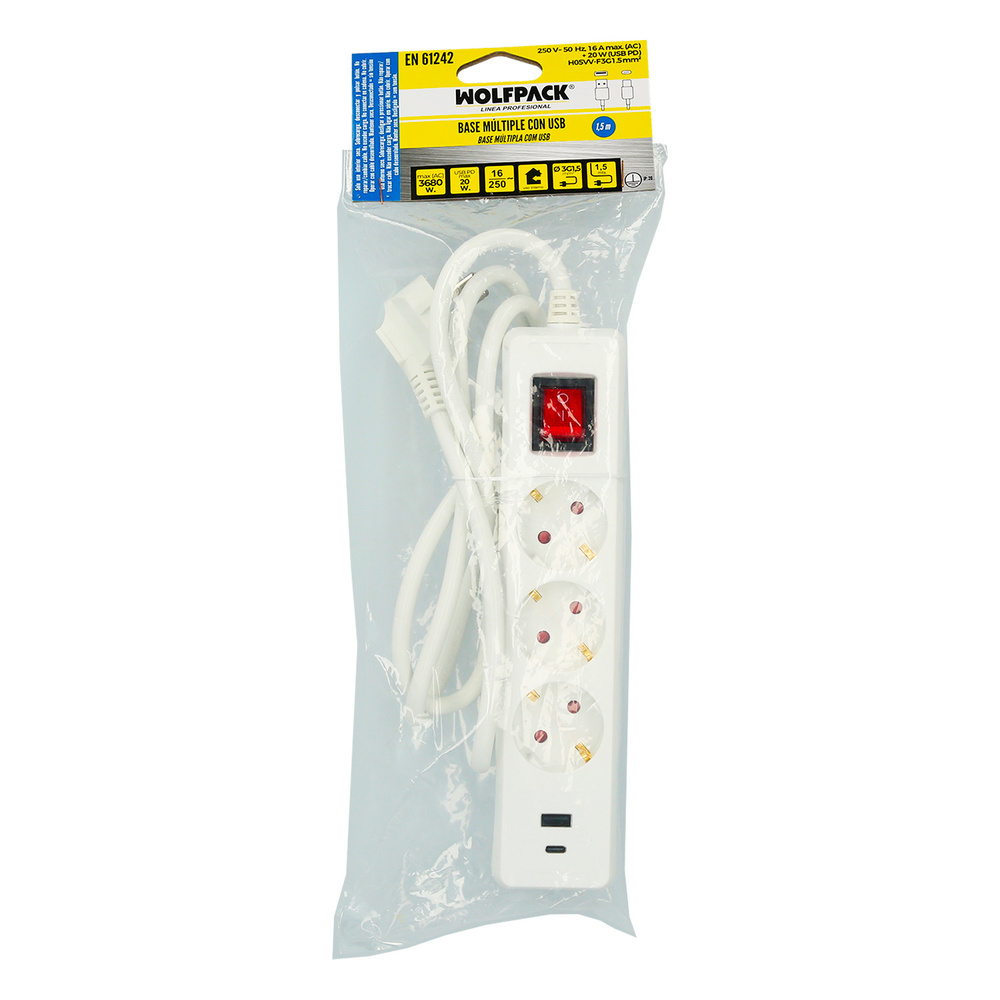 Base Multiple 3 Tomas Schucko y 2 tomas USB (A / C) Con Interruptor y Toma de Tierra - Imagen 5