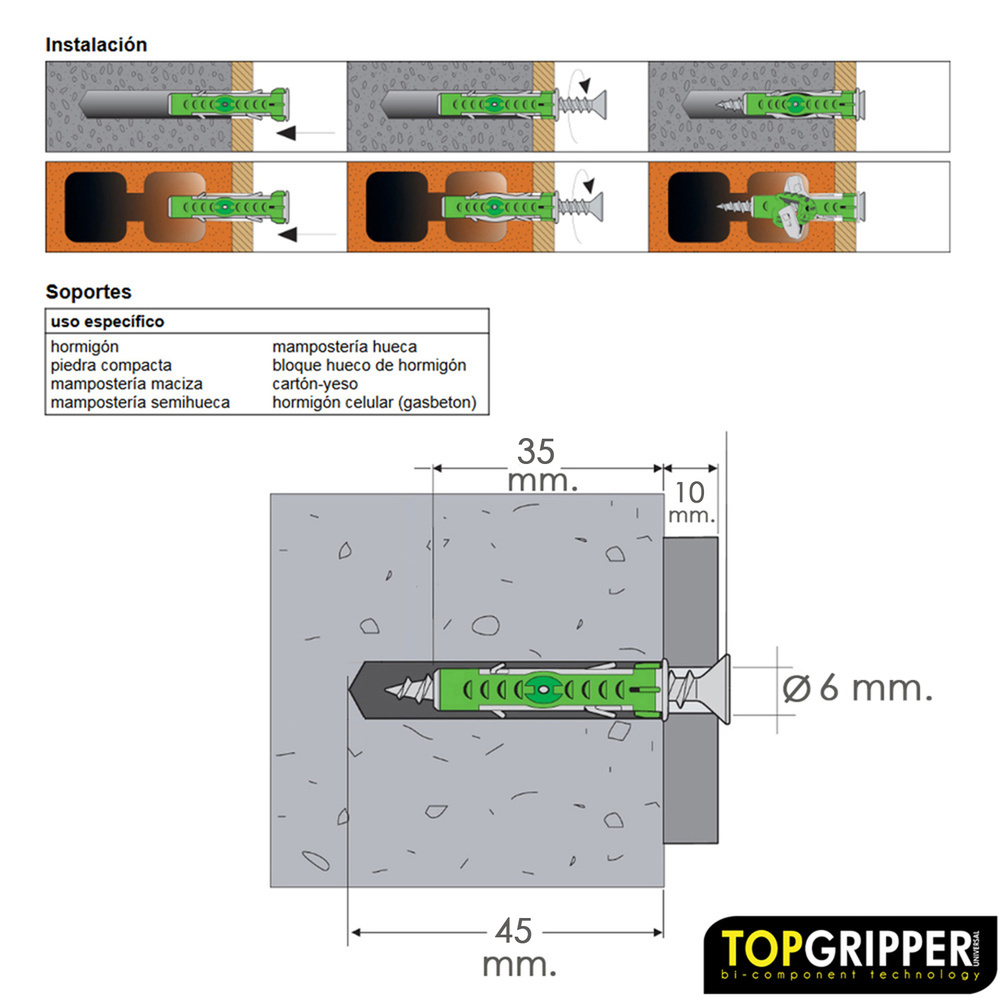 Taco Topgripper Bimaterial Ø 6 mm. (Caja 150 unidades) Taco Anclaje Universal, Taco Hormigon, Taco Pladur, Taco Ladrillo - Imagen 3
