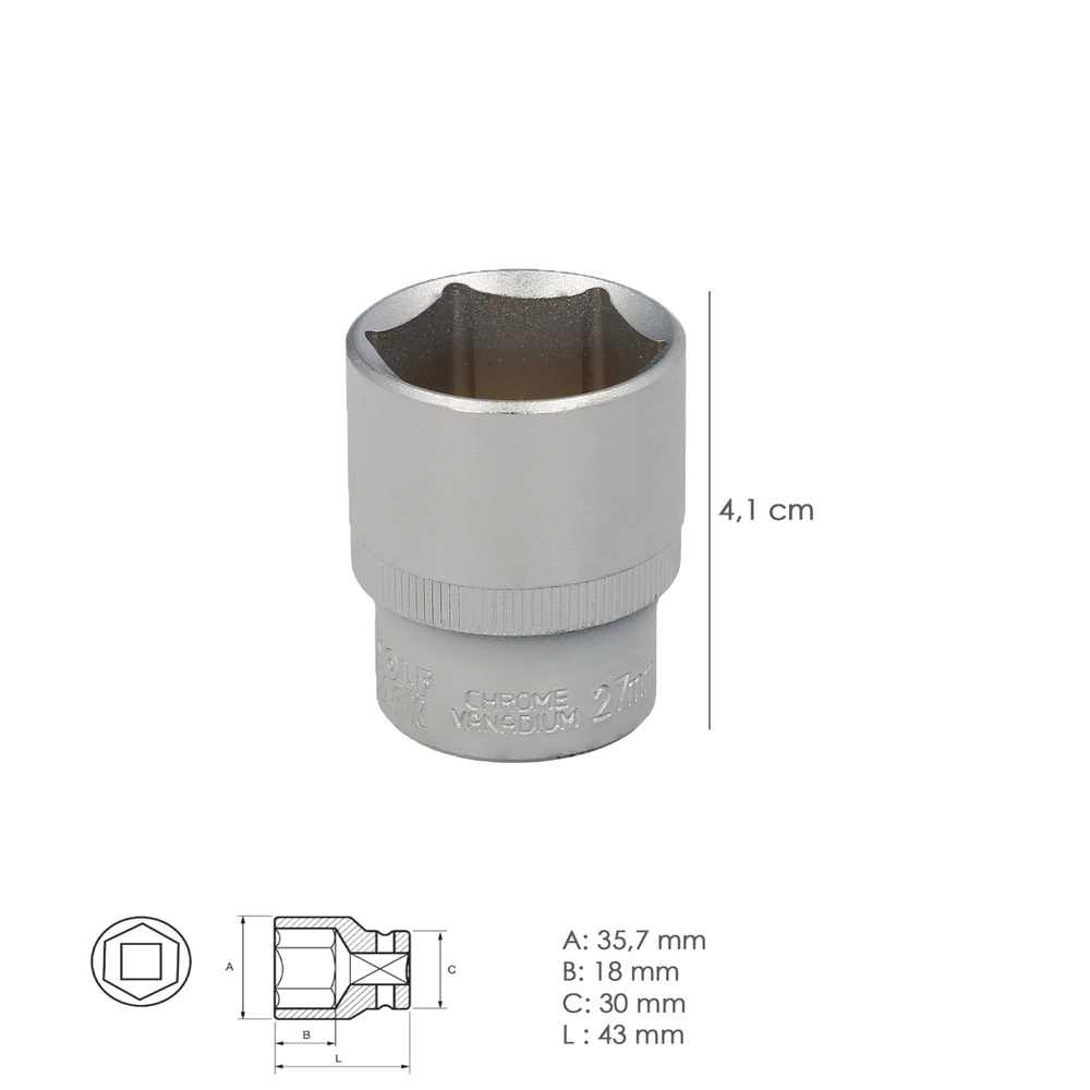 Llave Vaso 1/2" Hexagonal 27 mm. Perfil de 6 caras. Acero Cromo Vanadio, Aristas Redondas - Imagen 2