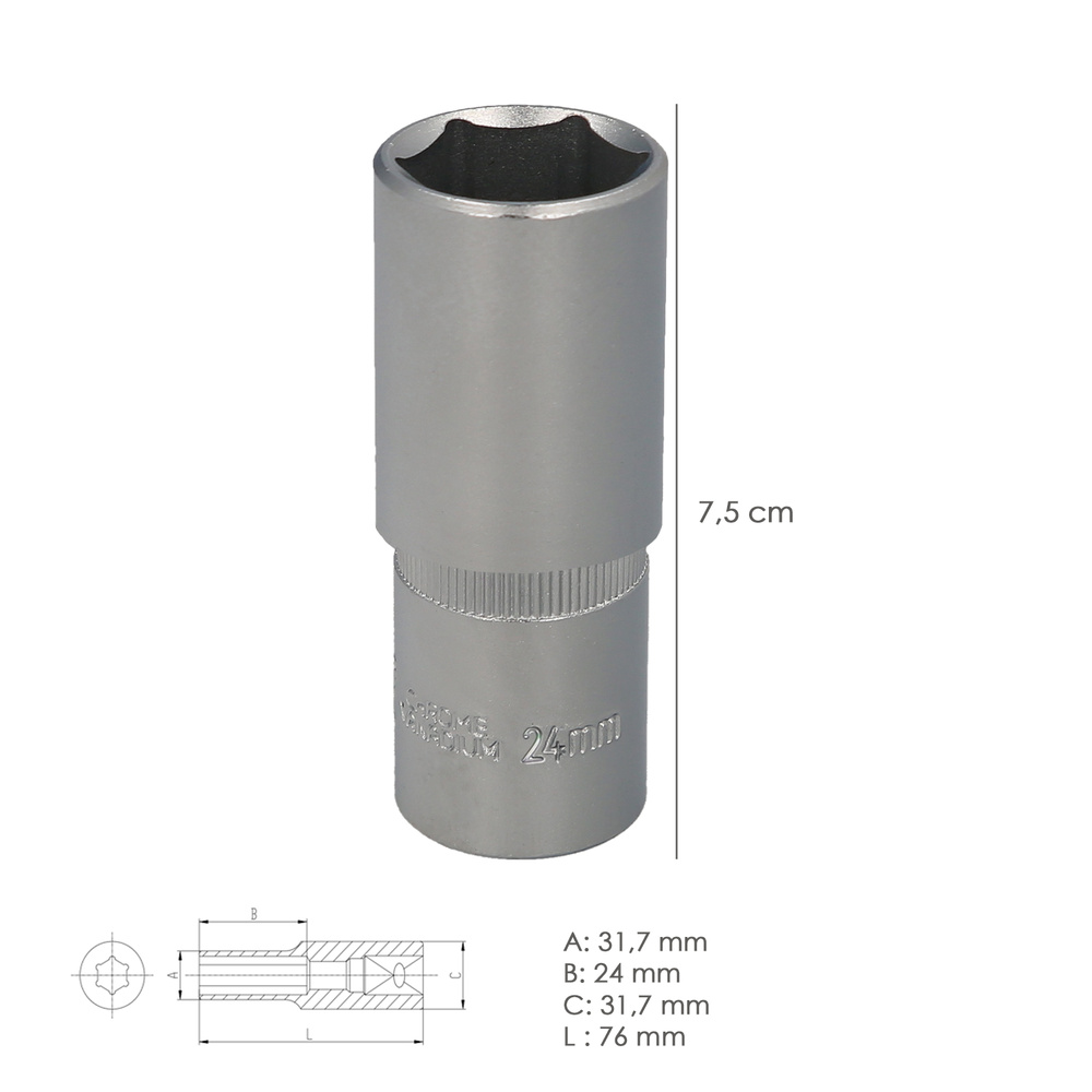 Llave Vaso 1/2" Hexagonal Larga 24 mm. Perfil de 6 caras. Acero Cromo Vanadio, Aristas Redondas - Imagen 2