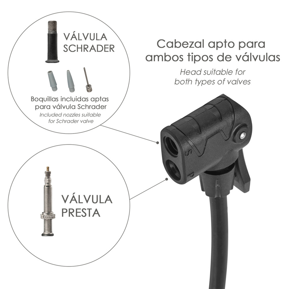 Bomba Inflar Bicicleta Con Manometro. Doble Boquilla Valvula Presta y Schrader. Con Adaptadores. Ø 32 x 500 mm. 10 BAR / 160 PSI - Imagen 4