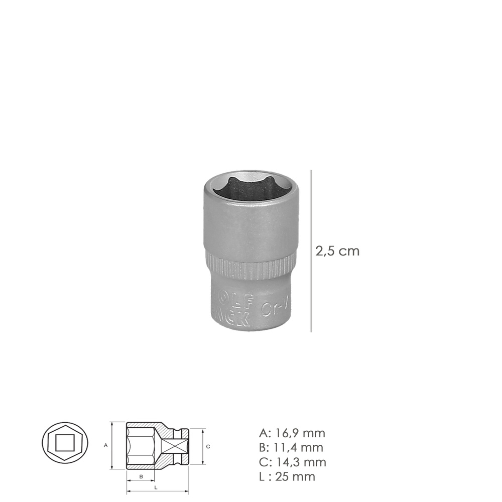 Llave Vaso 1/4" Hexagonal 12 mm. Perfil de 6 caras. Acero Cromo Vanadio, Aristas Redondas - Imagen 2