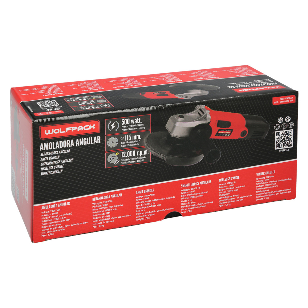 Amoladora 500 Watt. Ø 115 mm. 12.000 R.P.M. Eje M14 Protector Disco Ajustable, Anti arranque - Imagen 5