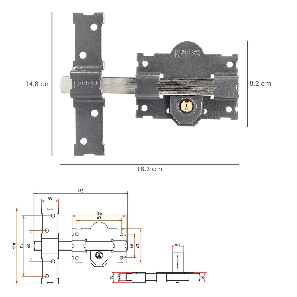 Cerrojo b-2 llave 2 lados pasador de 183mm cilindro redondo de 50mm - Imagen 2