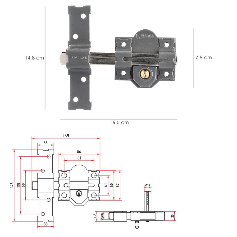 Cerrojo b-8 llave 2 lados de 165mm cilindro de pera de 50mm - Imagen 2