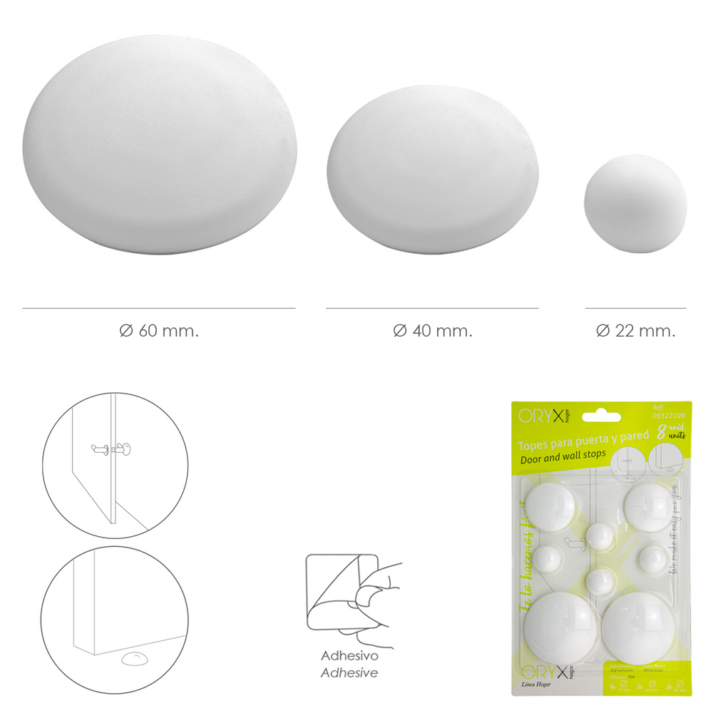 Topes Adhesivos para Paredes / Puertas / Ventanas / Mobiliario 2 x Ø 60 mm. / 2 x 40 mm. / 4 x 22 mm. (Blister 8 piezas) - Imagen 2