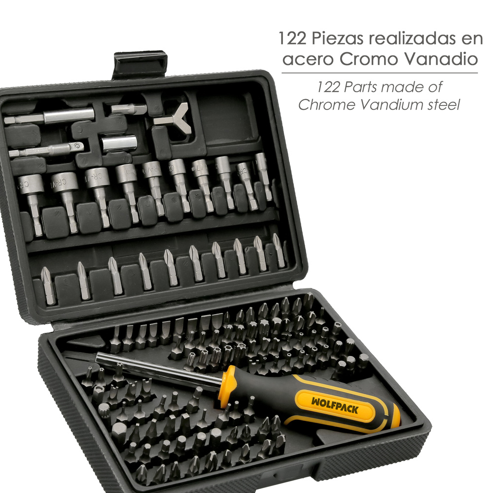 Juego Puntas con Destornillador 1/4" 122 Pzs. Con Apadtador. Cromo Vanadio, Kit Llave Combinada, Kit Carraca, - Imagen 2