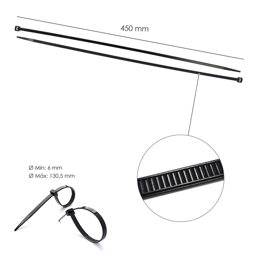 Brida Nylon 100%. Color Negro 7,5 x 450 mm. Bolsa 100 unidades. Abrazadera Plastico, Organizador Cables, Alta Resistencia - Imagen 2
