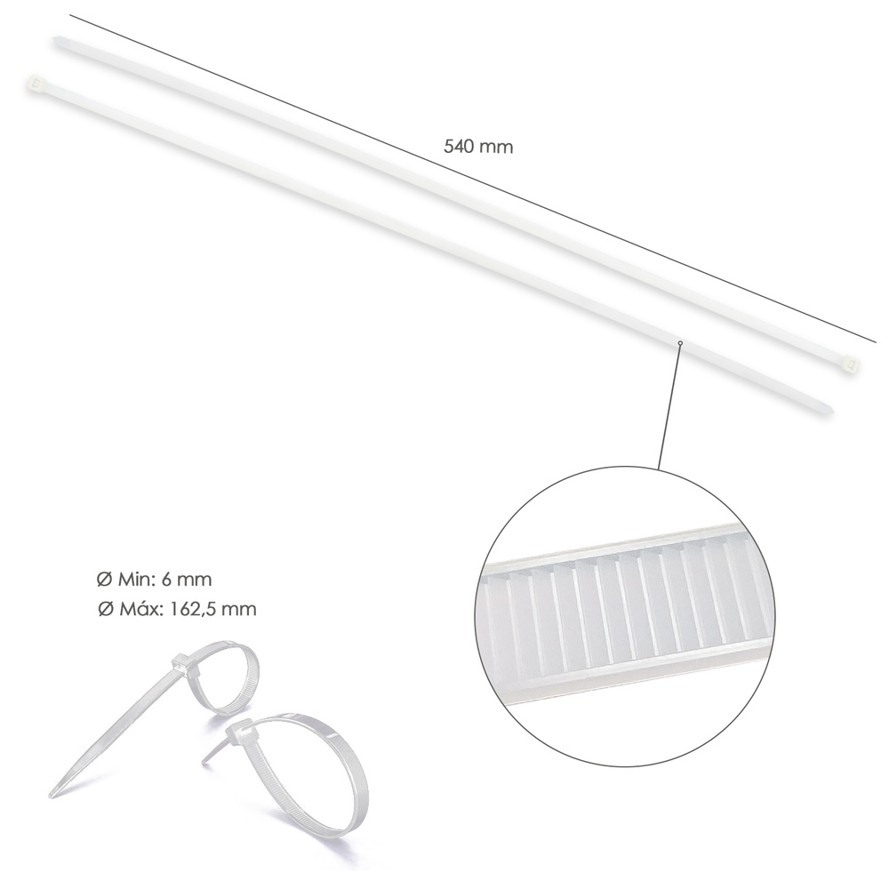 Brida Nylon 100%. Color Blanco / Natural 7,8 x 540 mm. 100 Piezas. Abrazadera Plastico, Organizador Cables, Alta Resistencia - Imagen 2