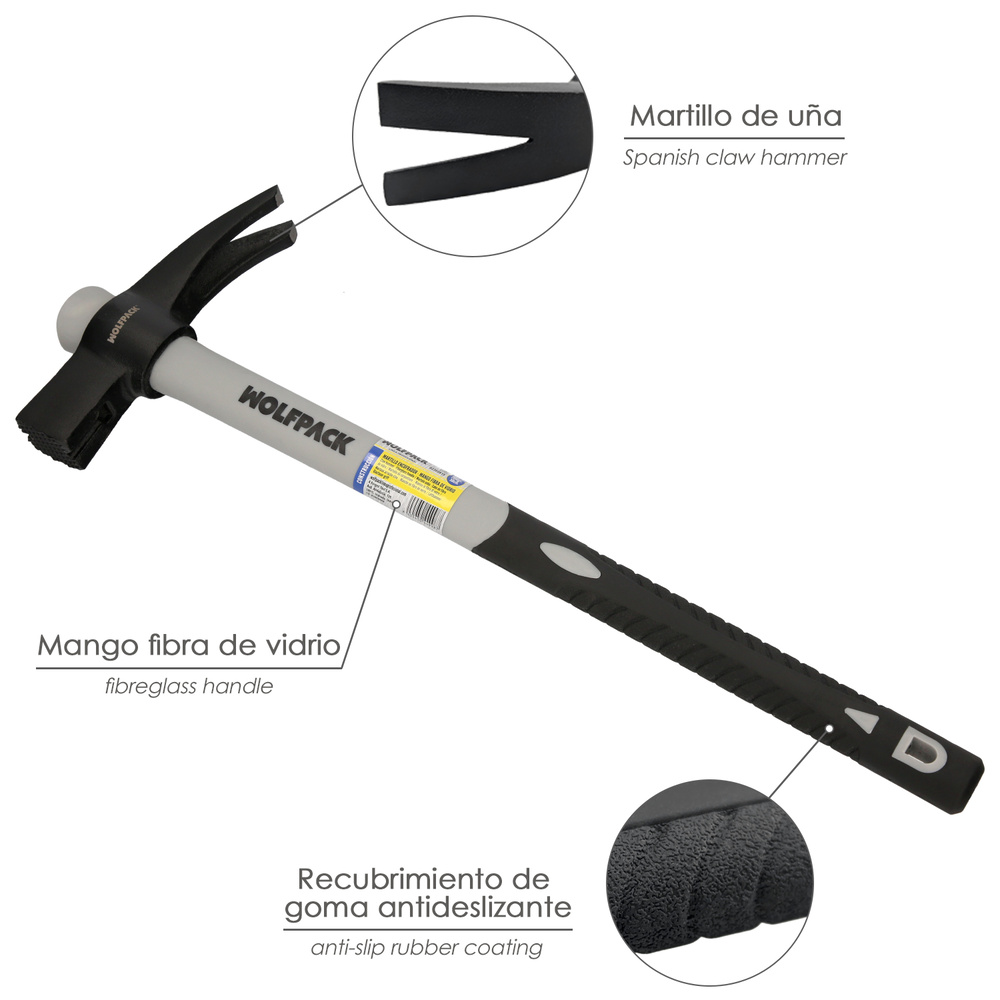 Martillo Encofrador Magentico Fibra Vidrio Mango Fibra Vidrio Con Empuñadura Antideslizante. 700 Gramos 50 cm. - Imagen 3