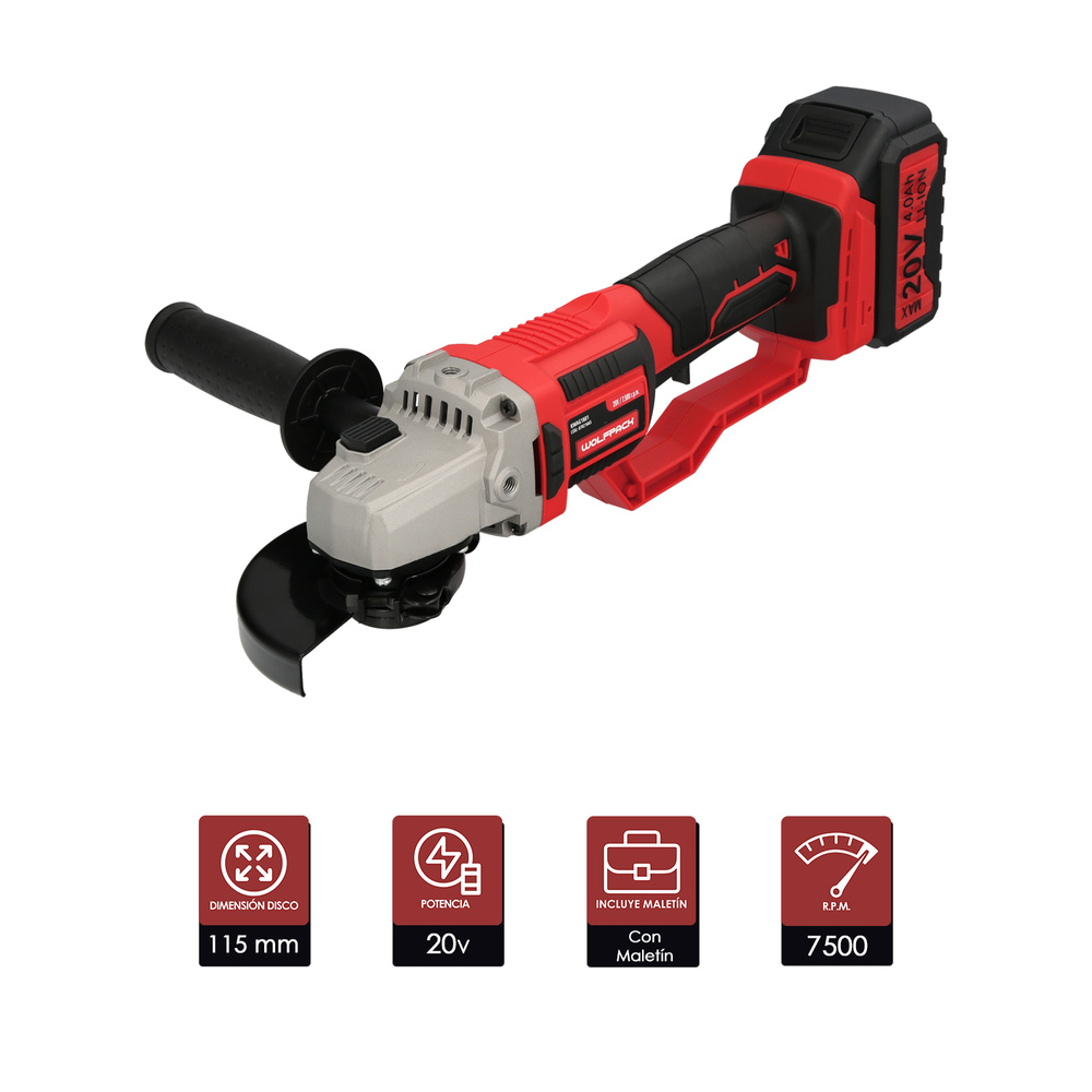 Amoladora A Bateria 20 Volt. Con Bateria 4.0 Ah. Ø 115 mm. 7.000 R.P.M. Mango 3 Posiciones Eje M14 Protector Disco Ajustable - Imagen 2