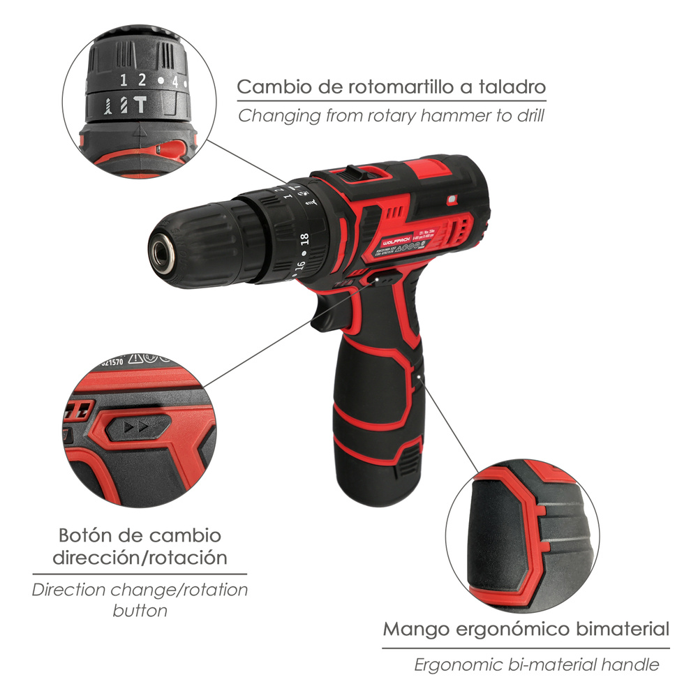 Taladro Atornillador 12 V. Con 2 Velocidades y Percutor. Bateria 1.300 mAh. Par Apriete 35 Nm. - Imagen 3