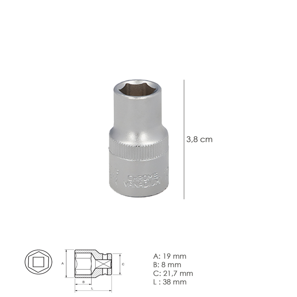 Llave Vaso 1/2" Hexagonal 13 mm. Perfil de 6 caras. Acero Cromo Vanadio, Aristas Redondas - Imagen 2