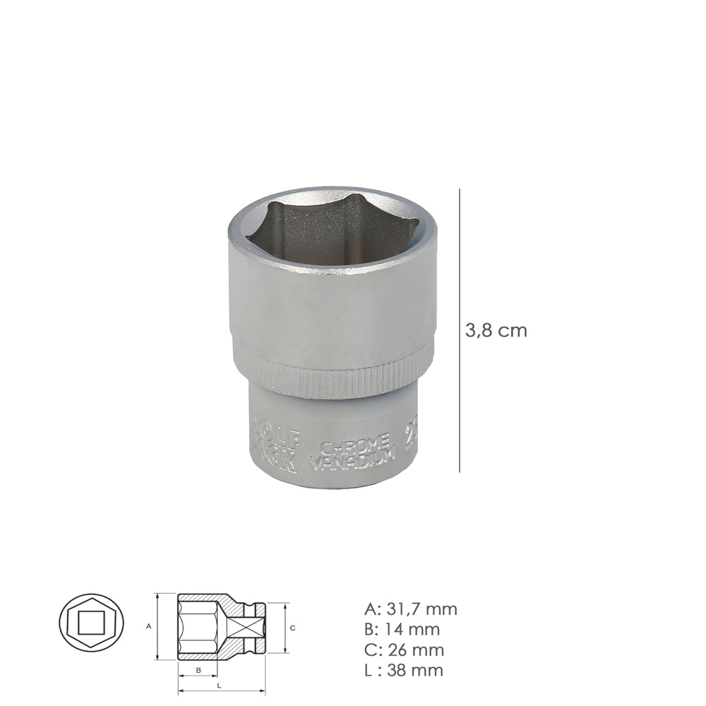 Llave Vaso 1/2" Hexagonal 23 mm. Perfil de 6 caras. Acero Cromo Vanadio, Aristas Redondas - Imagen 2