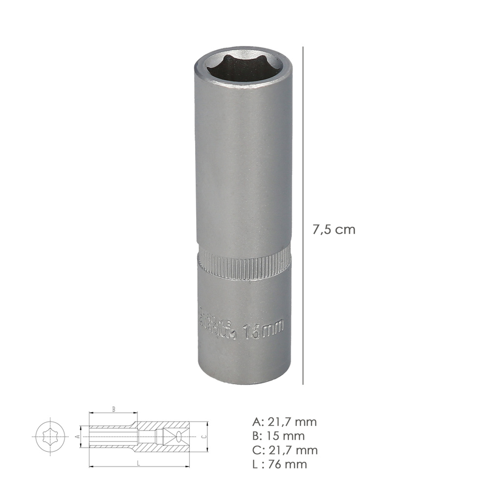 Llave Vaso 1/2" Hexagonal Larga 15 mm. Perfil de 6 caras. Acero Cromo Vanadio, Aristas Redondas - Imagen 2
