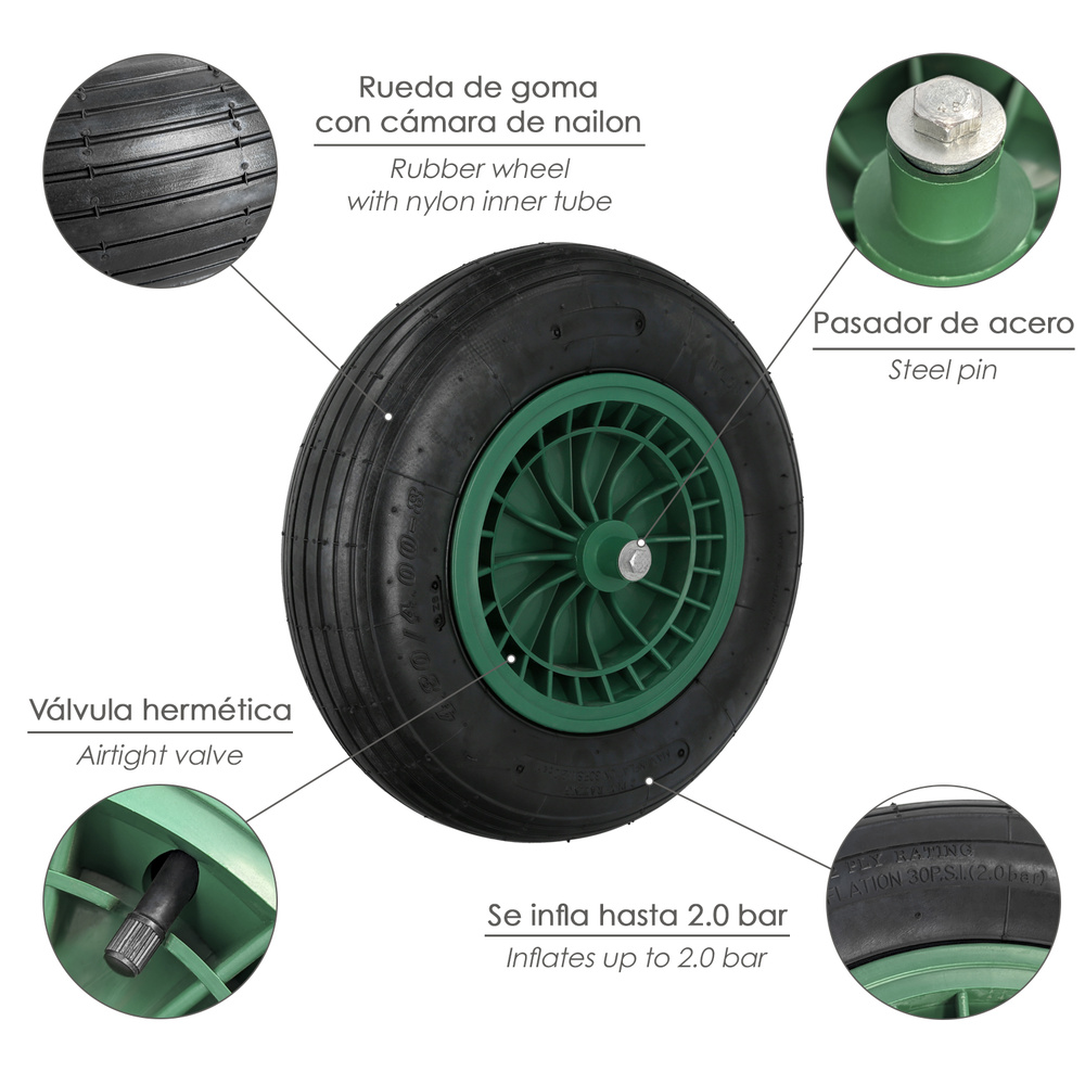 Rueda Carretilla Neumatica Para Carretilla Obra / Jardin Llanta Plastico Eje Ø 20 mm. Rueda Carretilla Jardin, Carro Invernadero - Imagen 4