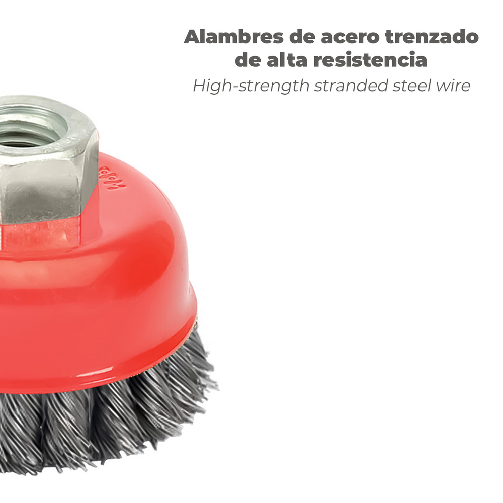 Cepillo Taza Con Alambre De Acero Trenzado Rosca M14, Ø 75 mm. Alambre de Ø 0,50 mm. - Imagen 5
