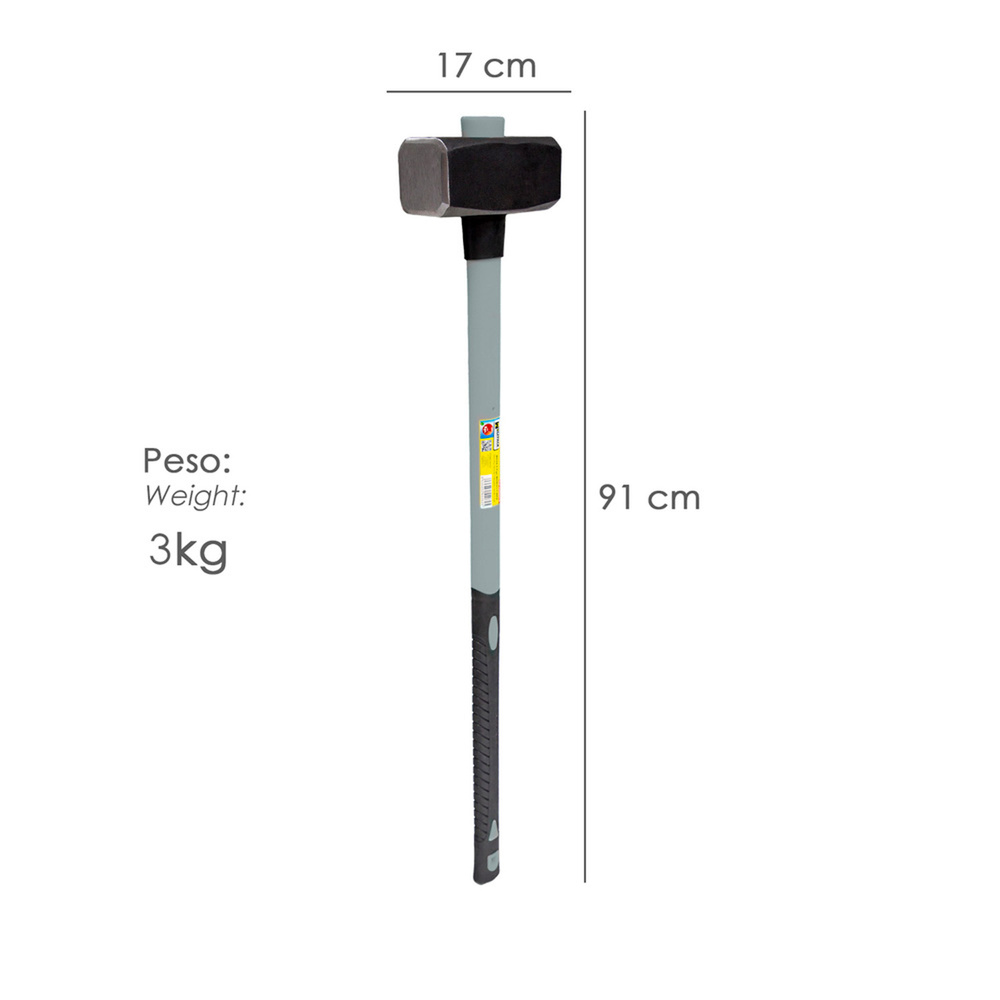 Maza Con Mango Fibra Vidrio 3 Kg. Cabeza Forjada, Con Anillo Anti Vibración, Maza / Porro - Imagen 2