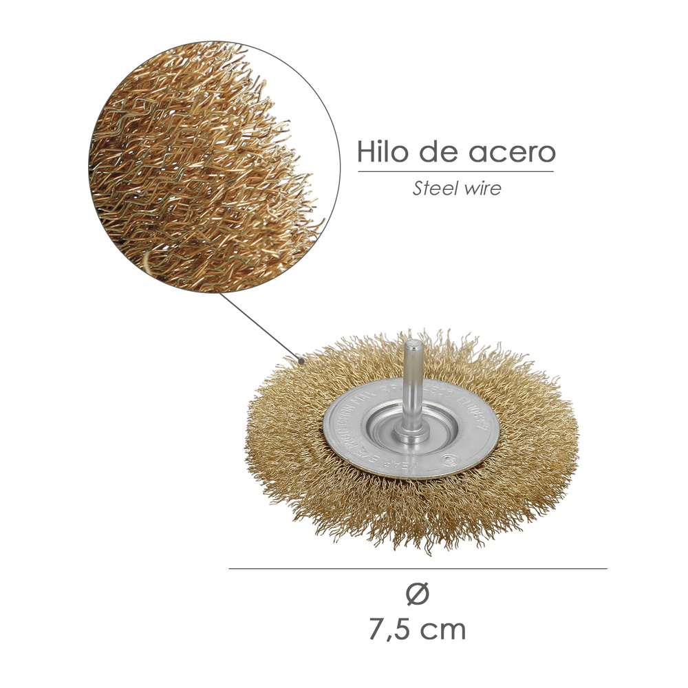 Cepillo Acero Latonado Para Taladro. Disco Ø 75 mm. Espiga 1/4" Cepillo Taladro Alambre Latón, Cepillo Limpieza, Cepillo Pulir. - Imagen 2