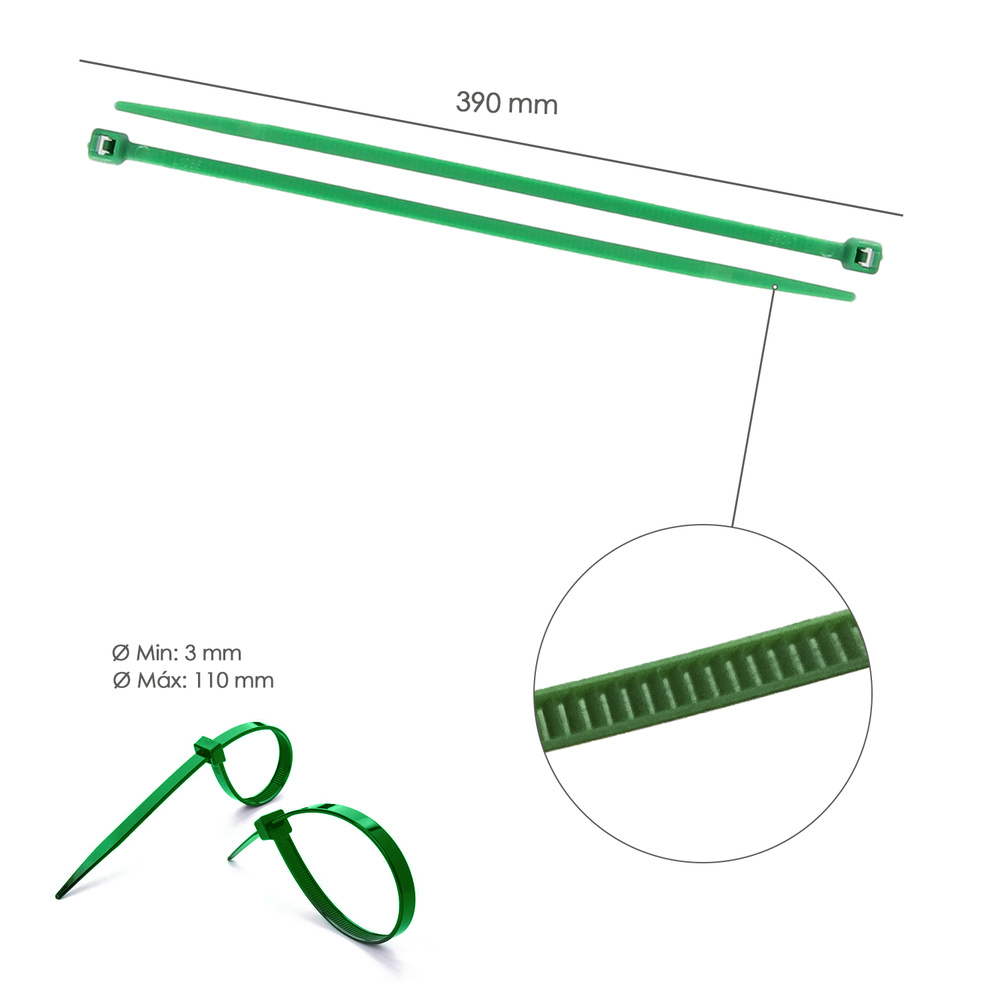 Brida Nylon 100%. Color Verde 4,6 x 390 mm. Bolsa 100 Unidades. AbraBridas Nylon 100% Verde 4,6x390 mm. (Bolsa 100 Unidades) - Imagen 2