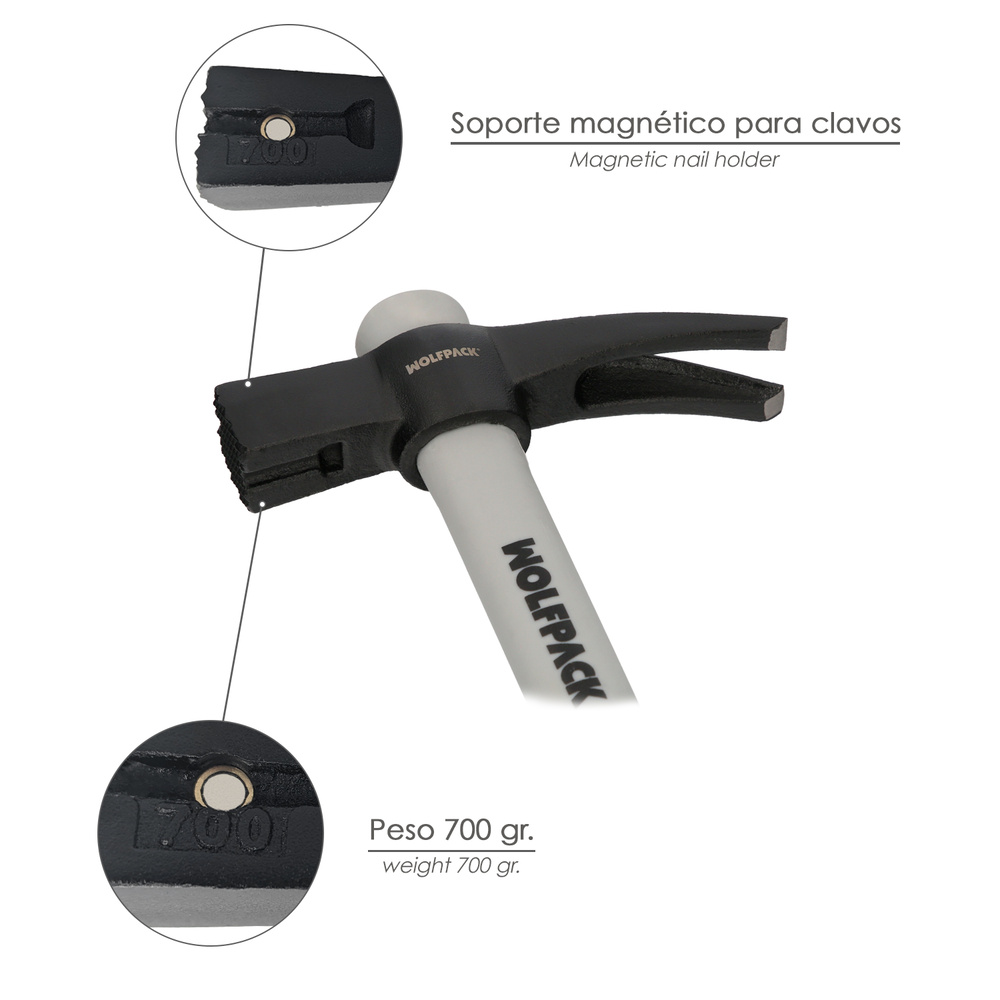Martillo Encofrador Magentico Fibra Vidrio Mango Fibra Vidrio Con Empuñadura Antideslizante. 700 Gramos 50 cm. - Imagen 4
