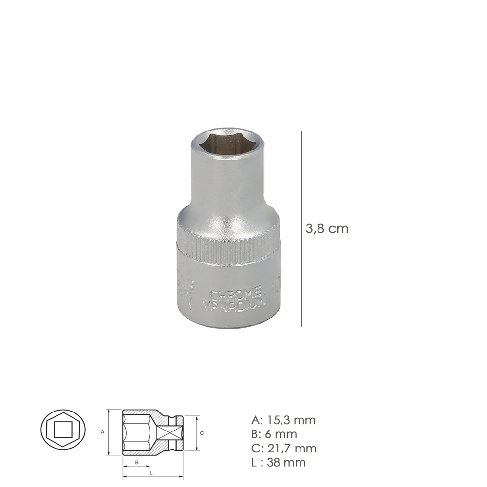 Llave Vaso 1/2" Hexagonal 10 mm. Perfil de 6 caras. Acero Cromo Vanadio, Aristas Redondas - Imagen 2
