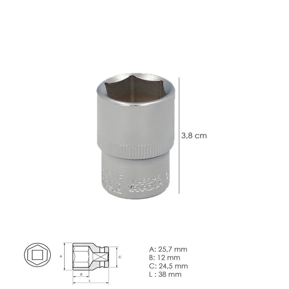 Llave Vaso 1/2" Hexagonal 20 mm. Perfil de 6 caras. Acero Cromo Vanadio, Aristas Redondas - Imagen 2