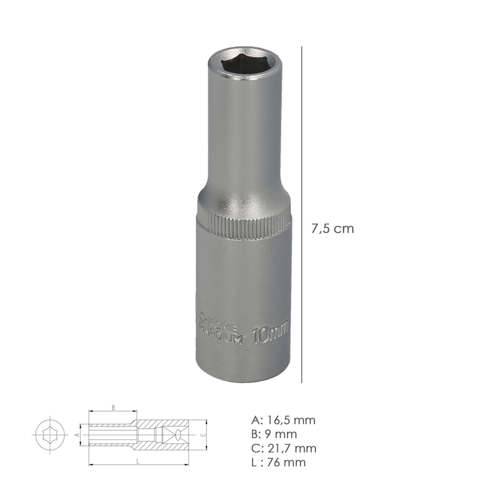 Llave Vaso 1/2" Hexagonal Larga 10 mm. Perfil de 6 caras. Acero Cromo Vanadio, Aristas Redondas - Imagen 2