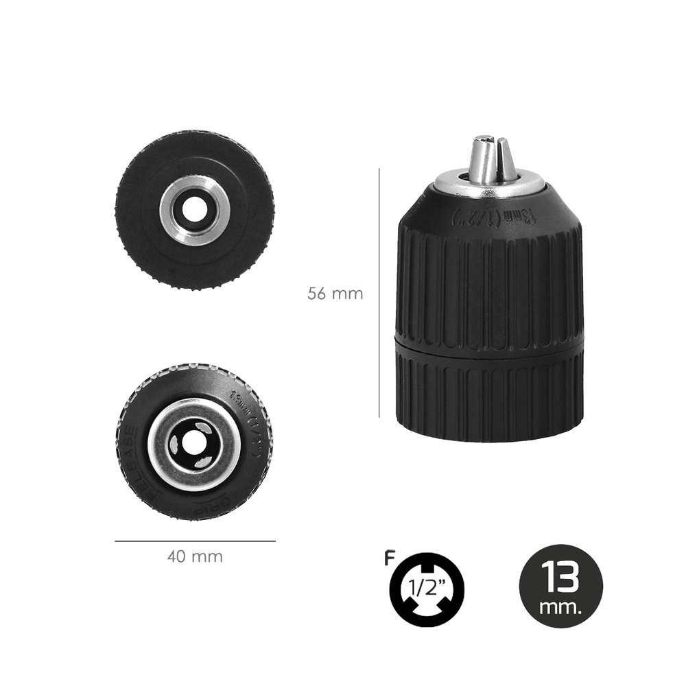 Portabrocas Sin Llave Nylon 1/2" Hembra Ø 13mm. Sin Llave Portabrocas, Autoajustable - Imagen 3