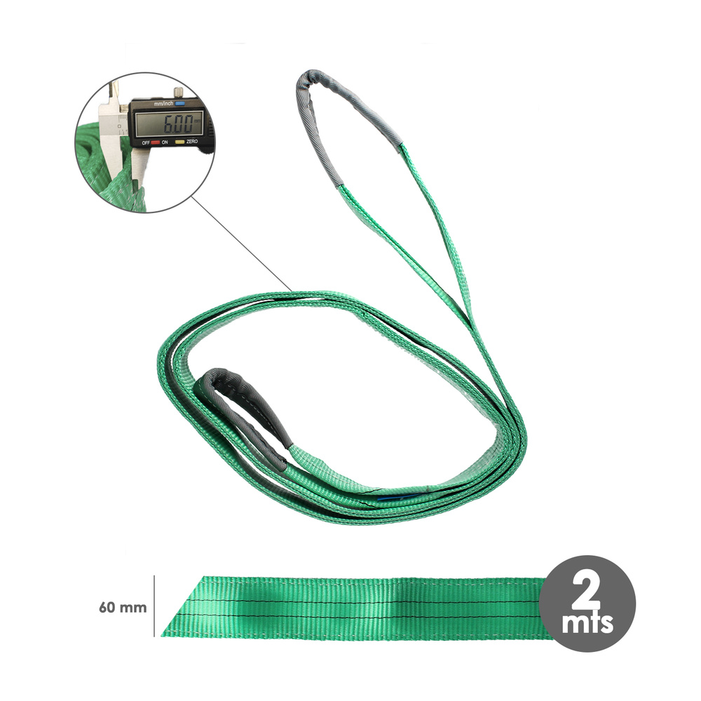 Eslinga Plana Doble Banda 2.000 Kg. Factor Seguridad 7:1, Longitud: 2 Metros Ancho 6 cm. 100% Poliester. Color Verde - Imagen 3