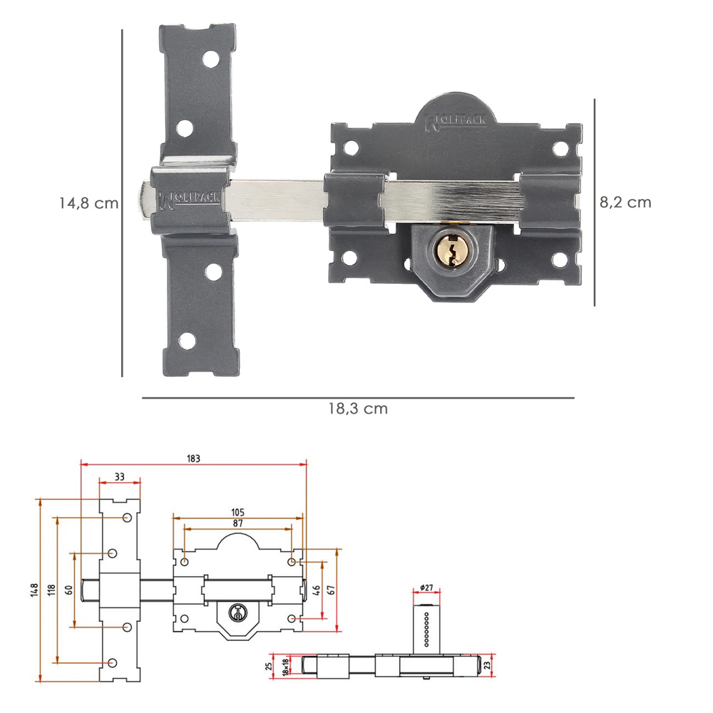 Cerrojo b-4 llave 2 lados pasador de 183mm cilindro redondo de 70mm - Imagen 2