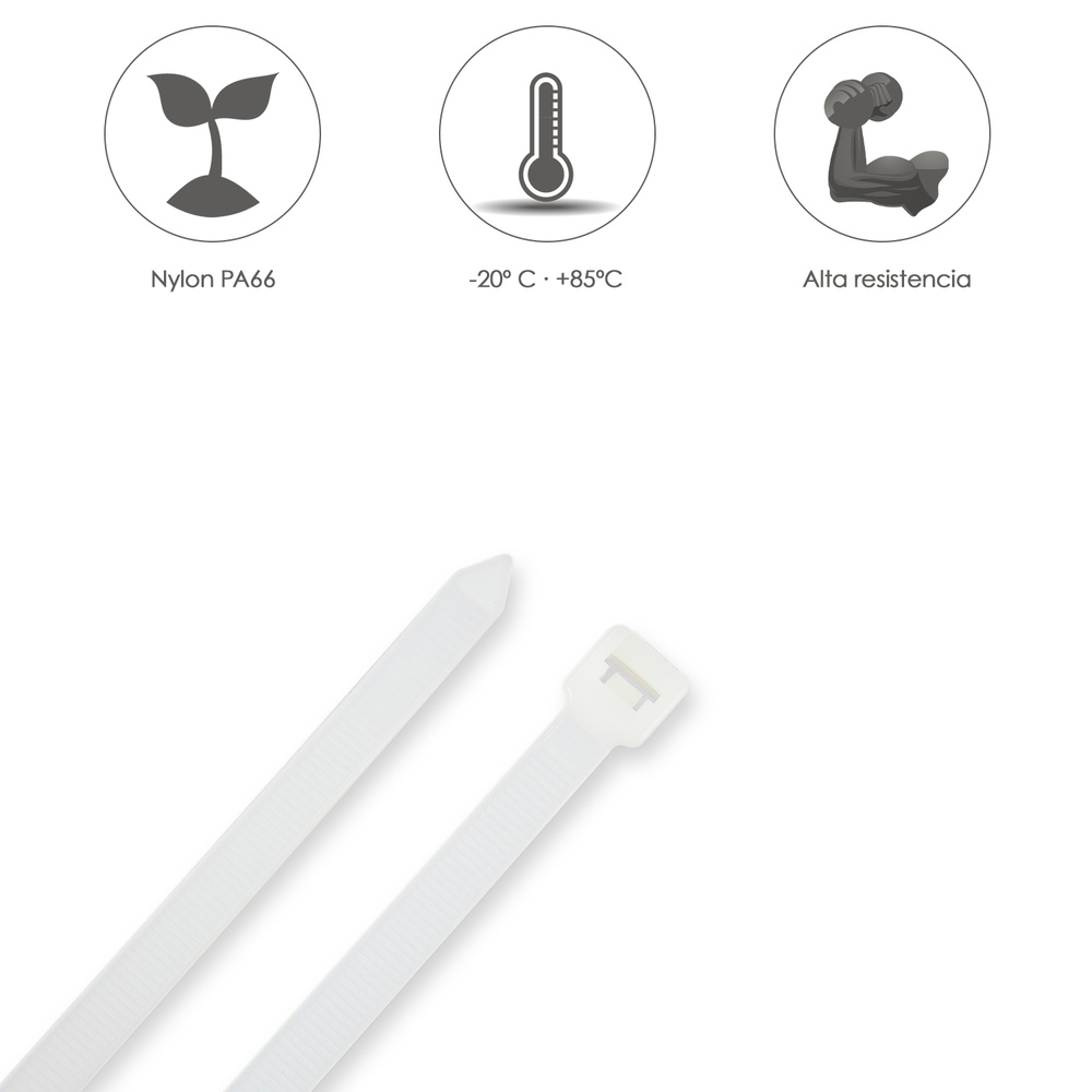 Brida Nylon 100%. Color Blanco / Natural 4,5 x 280 mm. 100 Piezas. Abrazadera Plastico, Organizador Cables, Alta Resistencia - Imagen 4