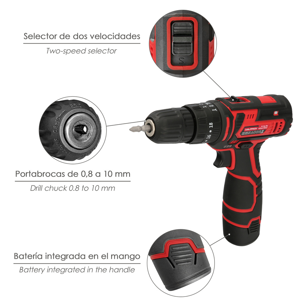 Taladro Atornillador 12 V. Con 2 Velocidades y Percutor. Bateria 1.300 mAh. Par Apriete 35 Nm. - Imagen 4