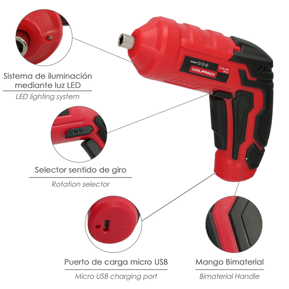 Atornillador 4 V. Con Led, Funda y 5 Destorpuntas, Bateria Recargable USB - Imagen 3