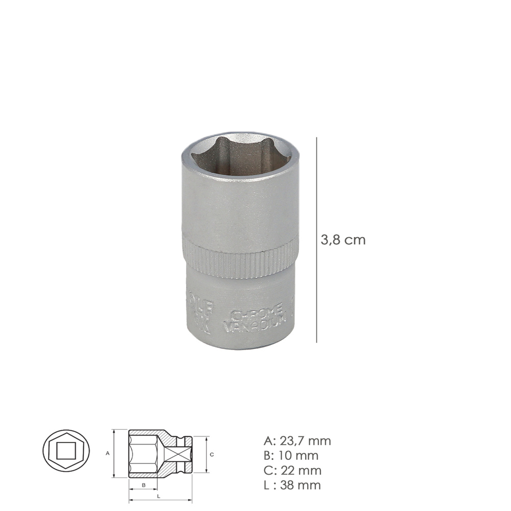 Llave Vaso 1/2" Hexagonal 17 mm. Perfil de 6 caras. Acero Cromo Vanadio, Aristas Redondas - Imagen 2
