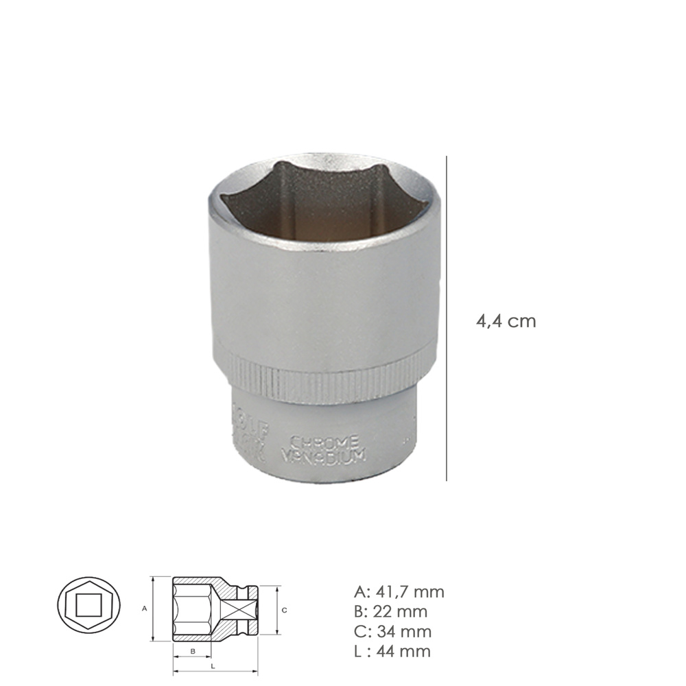 Llave Vaso 1/2" Hexagonal 32 mm. Perfil de 6 caras. Acero Cromo Vanadio, Aristas Redondas - Imagen 2