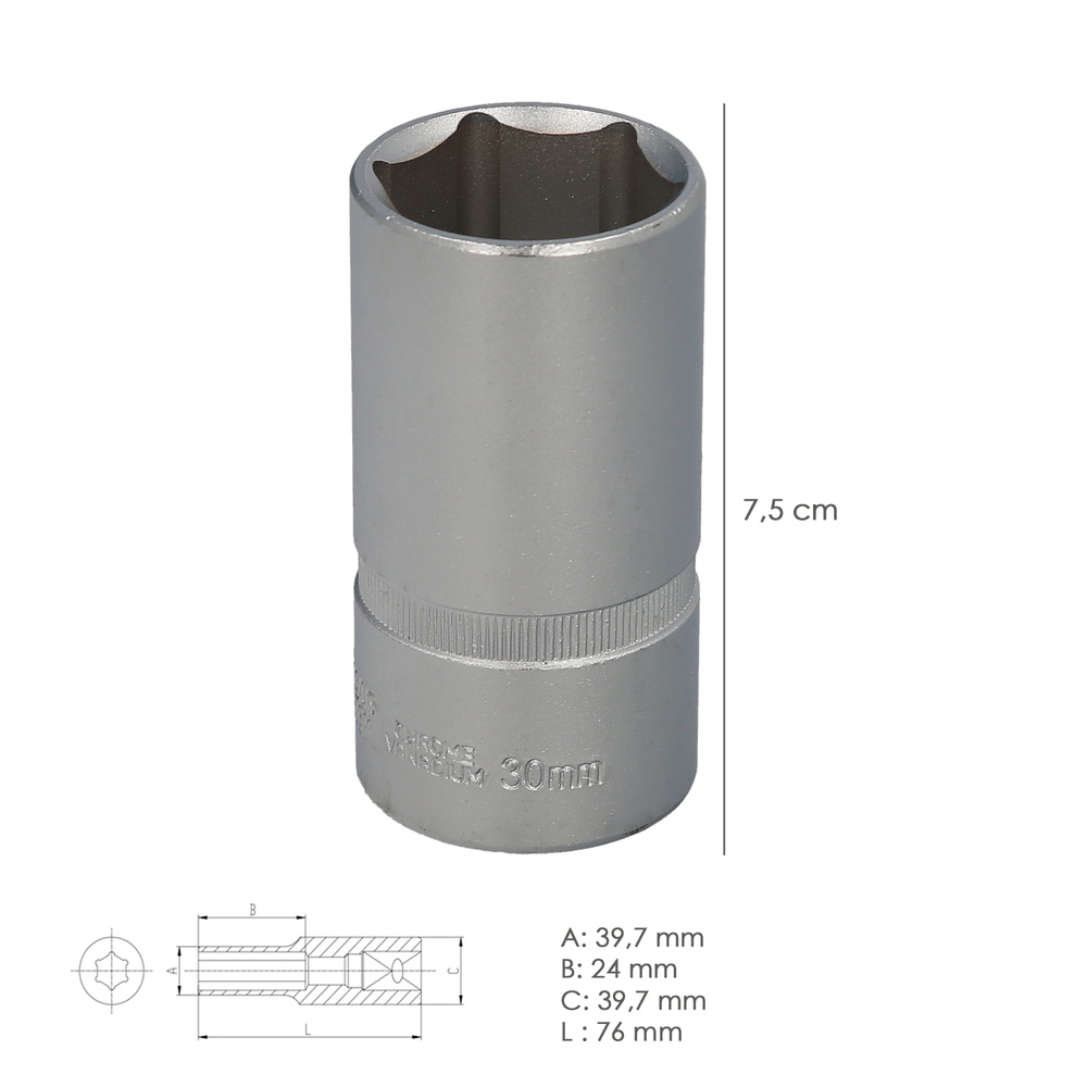 Llave Vaso 1/2" Hexagonal Larga 30 mm. Perfil de 6 caras. Acero Cromo Vanadio, Aristas Redondas - Imagen 2