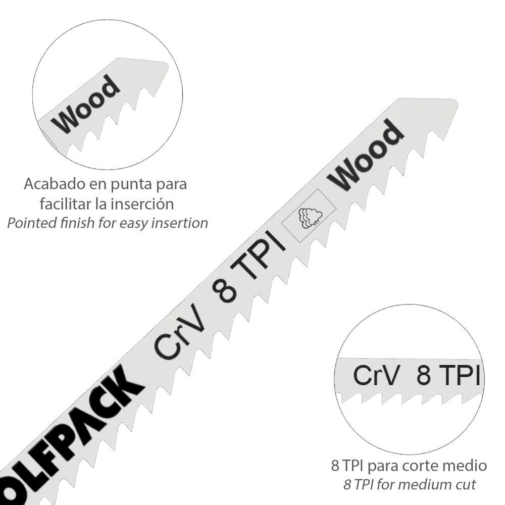Hojas Sierra Calar Para Madera Corte Medio 5 Piezas. Hoja Cromo Vanadio 58. Vastago T Universal - Imagen 3